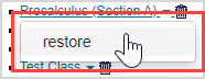 Class arrow restore Clicking on the arrow to the right of the name of the class displays a popup with the Restore option.